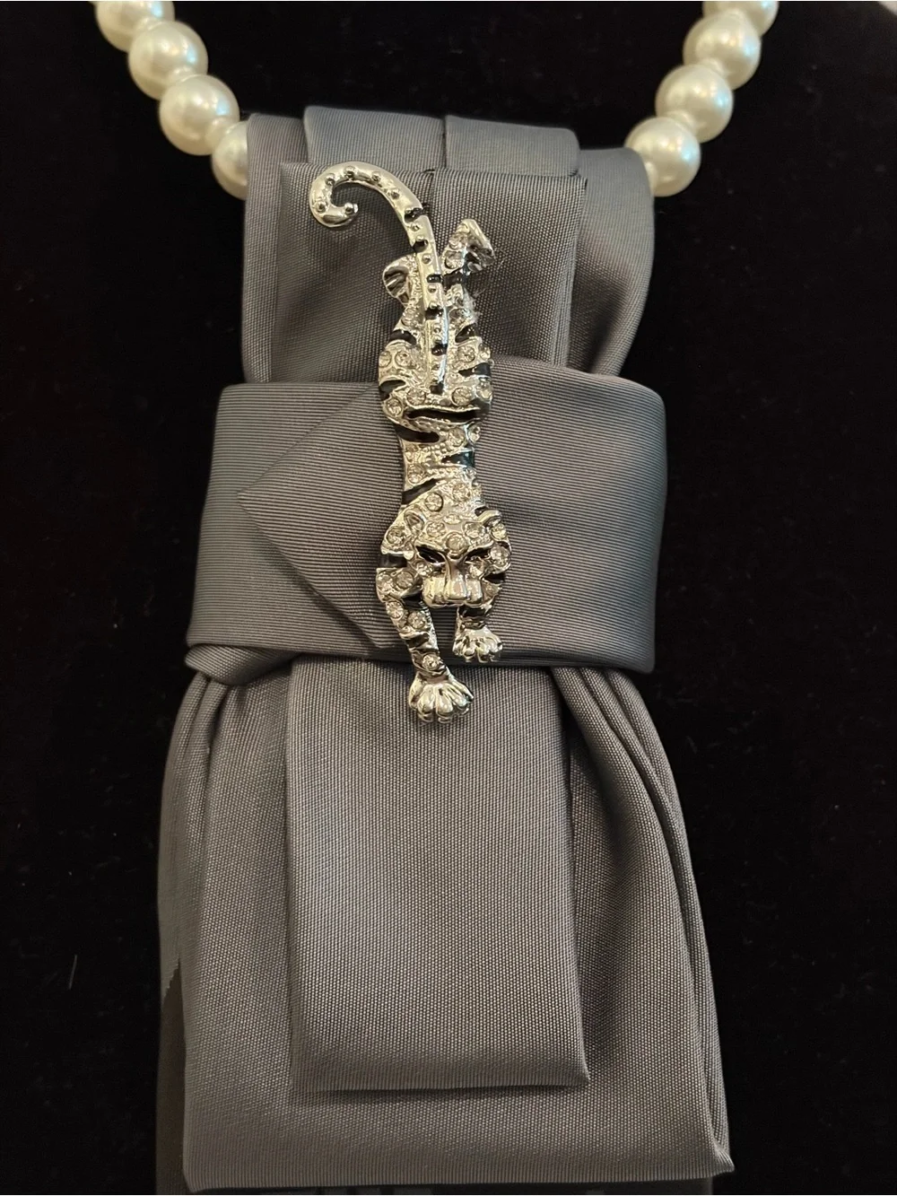 Statement Black Satin Tie Necklace with Rhinestone Lizard Pin